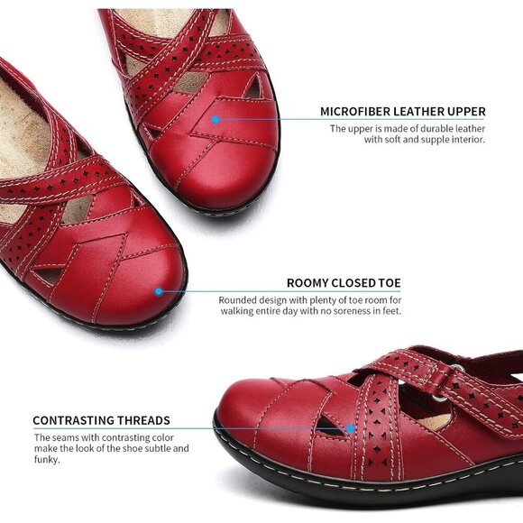 Brand New Women Red Leather Comfort Loafers Slip On Walking Flats Shoes - Picture 4 of 9